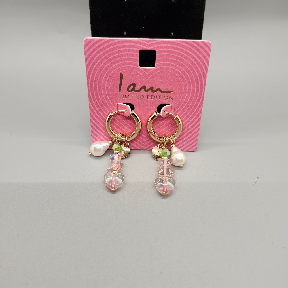 i am Dangle Drop Hoop Earrings 2" Gold Tone Faux Pearl Pink Heart Crystal
